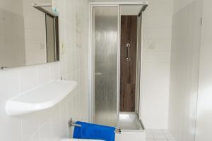 a bathroom with a shower and a toilet and a sink at Pension Herkules in Koserow +24 photos