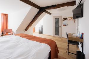 a bedroom with a bed and a desk and a television at Maison Kounic Palace Suites in Slavkov u Brna