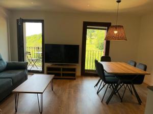 a living room with a couch and a table and a television at Apartamentos Cal Itxió de Molló Parc in Molló