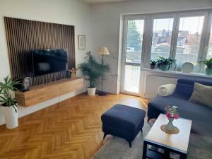 a living room with a blue couch and a tv at New apartment Eva in Jicin, 2 bedrooms and balcony, Czech Paradise in Jičín