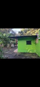 a green building with a window in a park at Casa,del vozque in Manzanillo