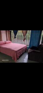 a bedroom with a bed and a window with curtains at Casa,del vozque in Manzanillo