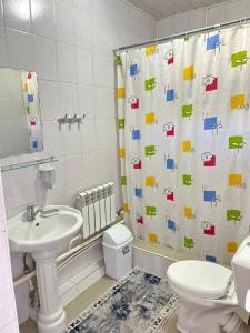 a bathroom with a sink and a toilet and a shower curtain at Tumar guest house, Kochkor in Kochkorka