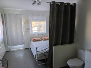 a small bedroom with a bed and a window at Chambre avec petit déjeuner in Condom