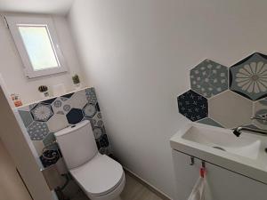 a small bathroom with a toilet and a sink at Au Cabanon in Saint-Laurent-dʼAigouze