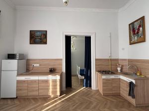 a kitchen with white walls and wooden cabinets at Katerina Apartman in Gyula +13 photos