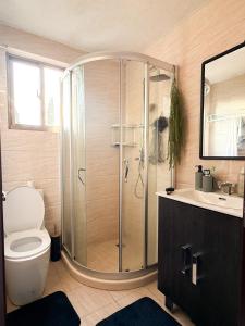 a bathroom with a shower and a toilet and a sink at Résidence Uria in Libreville +13 photos