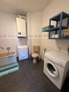 a bathroom with a washing machine and a toilet at Fewo zum Klosterhof EG 1 in Schwanebeck