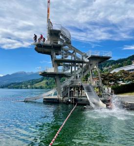a water slide in the middle of a lake at Alpenliebe in Bad Kleinkirchheim