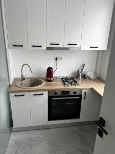 a kitchen with a sink and a stove at 7 min walking to airport in Otopeni