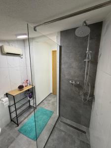 a bathroom with a shower with a glass door at Villa Giulia in Bihać +18 photos