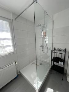 a shower with a glass door in a bathroom at Fachwerkjuwel im Bergischen in Remscheid