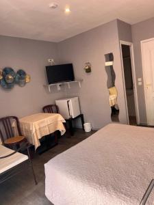 a room with a bed and a table and a television at La Chaumiere d Agde in Agde