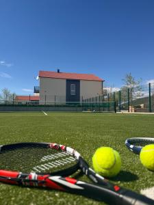 two tennis rackets and balls on a tennis court at Vila Agape with a pool, football and tennis court in Lovreć