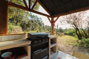 a stove in a kitchen with a view of a field at Idyllic French farmhouse in Les Assions