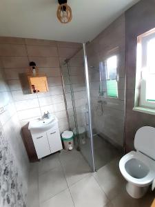 a bathroom with a shower and a toilet and a sink at Domek w górach Lachowice in Lachowice +19 photos