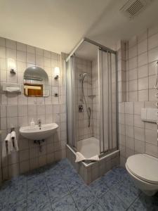 a bathroom with a shower and a sink and a toilet at Hotel Liszt in Weimar +55 photos