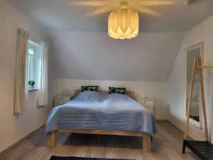 a bedroom with a bed and a chandelier at Leichlingen 1 in Leichlingen