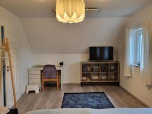 a living room with a television and a chair at Leichlingen 1 in Leichlingen +4 photos