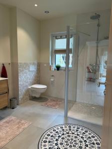 a bathroom with a shower and a toilet at Ferienhaus Senzig Waldesruh in Königs Wusterhausen +8 photos