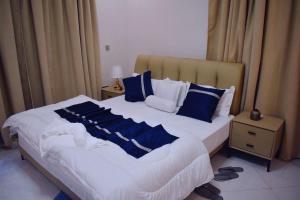 a bedroom with a large bed with blue and white pillows at DDS Homes Apartments in Dodoma