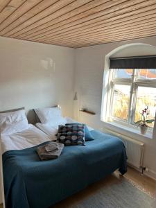 a bedroom with a bed with a blue blanket and a window at Charming sunroom with panorama view in Randers