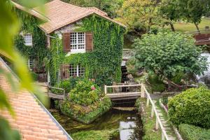 a house covered in ivy with a wooden bridge at Le Moulin du Roc in Brantôme
