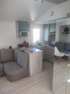 a kitchen and living room with a couch and a table at la bulle d'oxygène in Sérignan