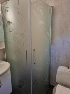 a shower with a glass door with fishes painted on it at Nordfjord Charm in Stårheim +18 photos