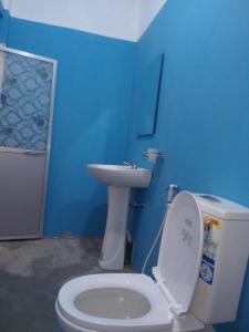 a blue bathroom with a toilet and a sink at Amaya Hotel and Restaurant in Batigama +1 photo