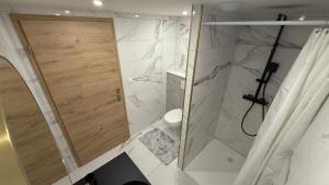 a bathroom with a shower and a shower door at La Rose du Lac Hôtel Appart' in Coucouron +49 photos