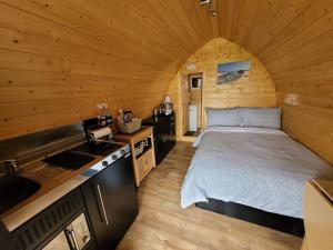 a bedroom with a bed in a wooden cabin at Ocean View Glamping Pod in Borve