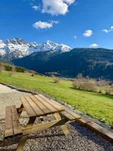 a wooden picnic table with a view of a mountain at Le Crystalia in Prabert