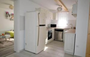 a kitchen with a white refrigerator in a room at Rsd-Tass vendéghàz in Tass