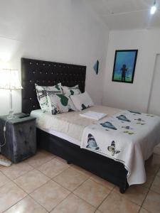 a bedroom with a large bed with a black headboard at J&J Paradise Guesthouse in Pietermaritzburg