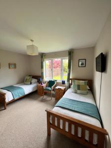 a bedroom with two beds and a tv and a window at The Rowans B&B in Connel