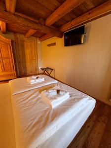 a bedroom with a bed with a tv on the wall at L'Antico Piol de Feltre in Feltre