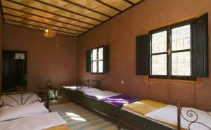 a group of beds in a room with windows at gite ogog tachedirt in Tacheddirt