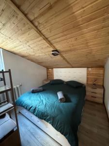 a bed in a small room with a wooden ceiling at KraftColibita in Colibiţa