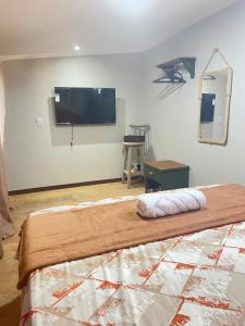 a bedroom with a bed and a flat screen tv at Apt estiloso 01 in Paragominas