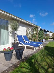 a blue lounge chair sitting on a patio at Cosy Petten, Family only in Petten