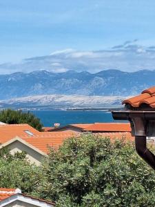 a view of the water and mountains from a roof at Apartmani Drago in Vir