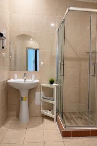 a bathroom with a sink and a shower at Panzió Apartments in Budapest
