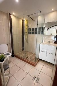 a bathroom with a shower and a sink at Panzió Apartments in Budapest