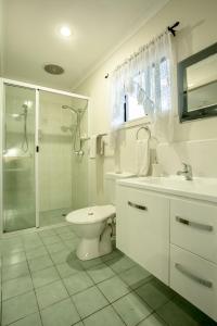 uma casa de banho com um WC, um chuveiro e um lavatório. em Pialba Motor Inn em Hervey Bay
