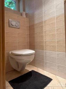 a bathroom with a toilet and a black rug at Domček Ami in Stará Lesná +19 photos