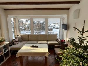 a living room with a couch and a christmas tree at Domček Ami in Stará Lesná