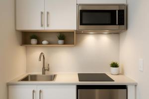 a kitchen with a sink and a microwave at AltstadtNest Hannover in Hannover