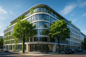 a large glass building with trees in front of it at AltstadtNest Hannover in Hannover