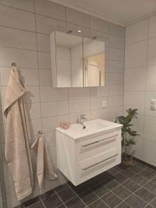 a bathroom with a white sink and a mirror at Hardanger Granvin Living in Granvin +35 photos